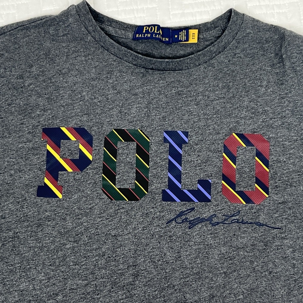 Polo Ralph Lauren Men's M "Rugby Stripe" Signature Logo T-Shirt Gray Charcoal